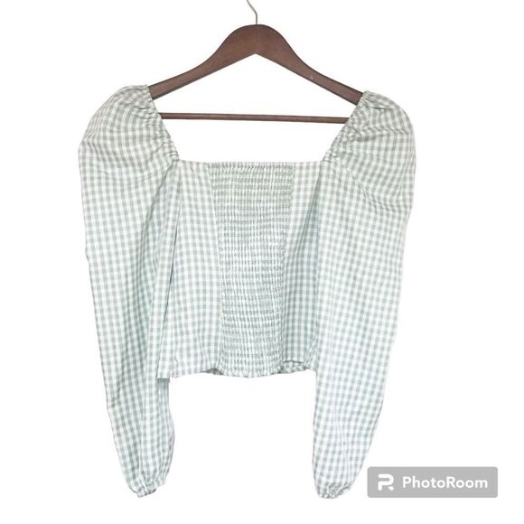 GIANNI BINI Gingham Peasant Crop Top Puff Sleeve Mint Green Size 0 8 10 New - Picture 4 of 15